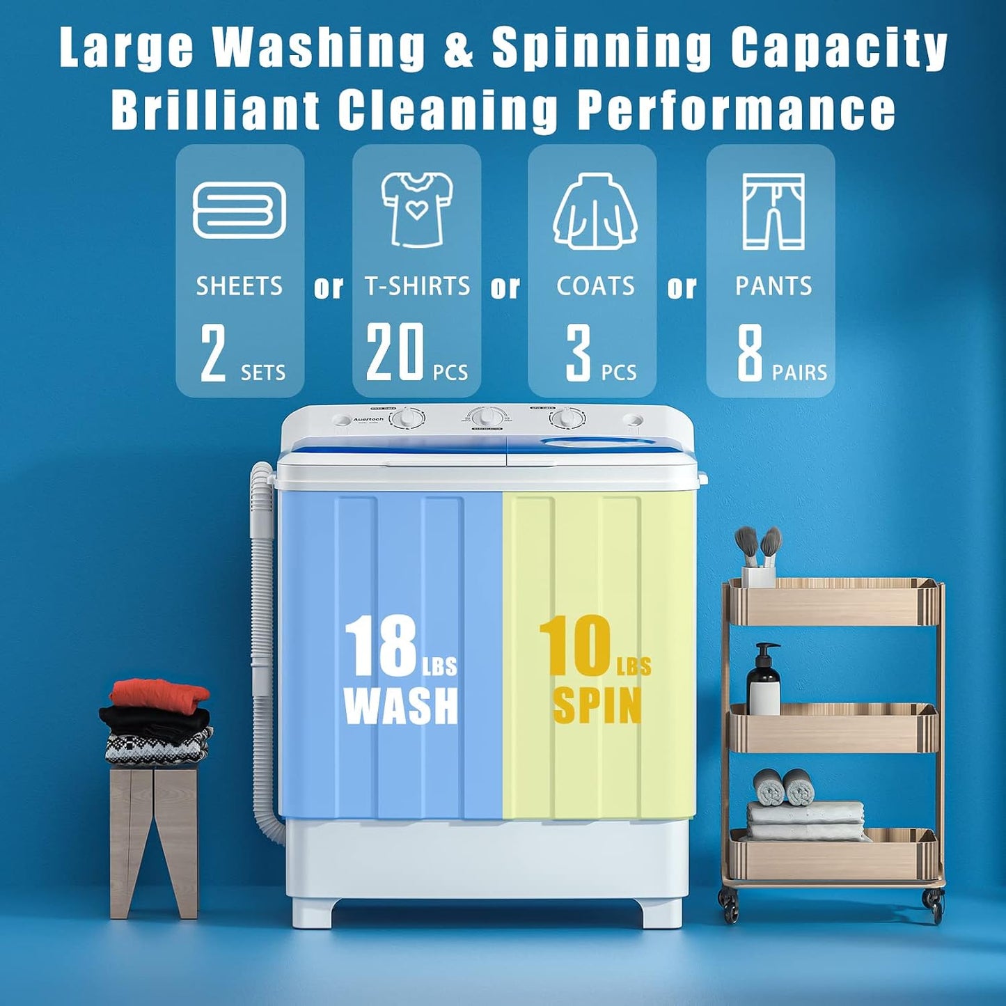 Auertech Portable Washing Machine, 28lbs Twin Tub Washer Mini Compact Laundry Machine with Drain Pump, Semi-automatic 18lbs Washer 10lbs Spinner Combo for Dorms, Apartments, RVs