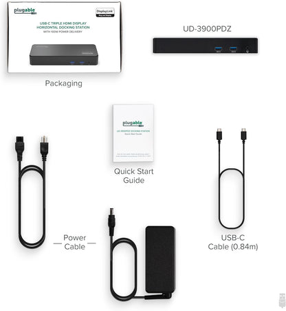 Plugable USB C Triple Display Docking Station | 100W PD, 3x HDMI (1x 4K 30Hz, 2x 1080p 60Hz), 6x USB 5Gbps Ports | Windows, macOS, ChromeOS Compatible - Enhance Productivity with Multi-Monitor Support