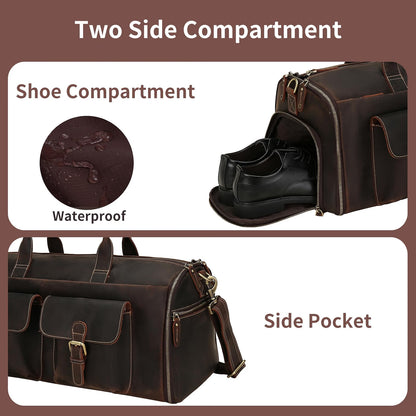 UPRESYE Convertible Leather Garment Bag, Full Grain Cowhide Leather 2-in-1 Suit Travel Bag with Shoe Pouch, Carry-On Hanging Garment Duffel Bag, Deep Brown