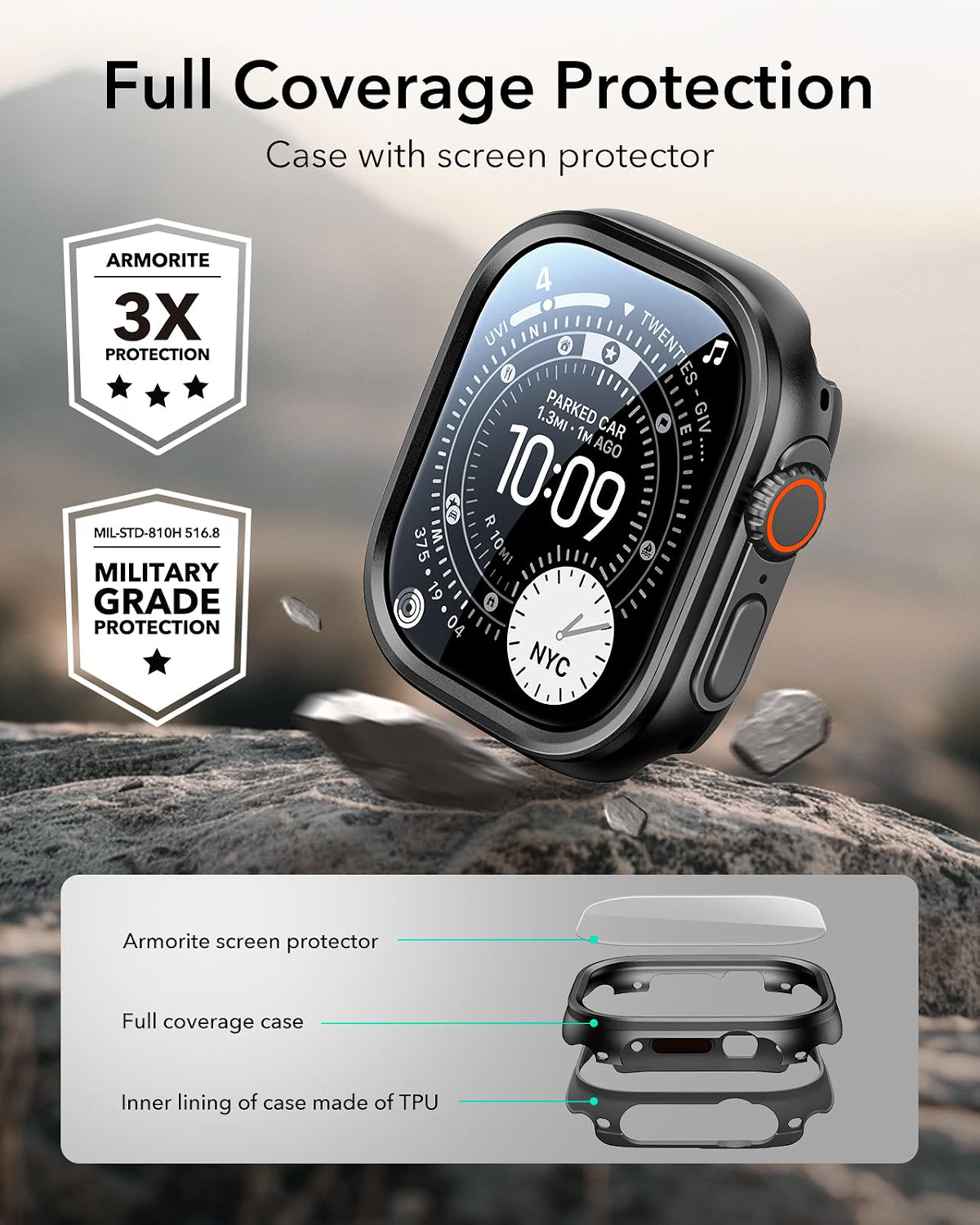 ESR Case for Apple Watch Ultra 4/3/2/Ultra 49mm, Aluminum Alloy Protective Case with 2-Pack Armorite Glass Screen Protectors, Military-Grade Protection, Black