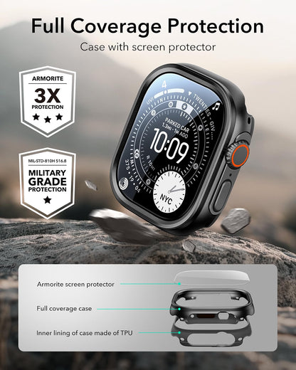 ESR Case for Apple Watch Ultra 4/3/2/Ultra 49mm, Aluminum Alloy Protective Case with 2-Pack Armorite Glass Screen Protectors, Military-Grade Protection, Black