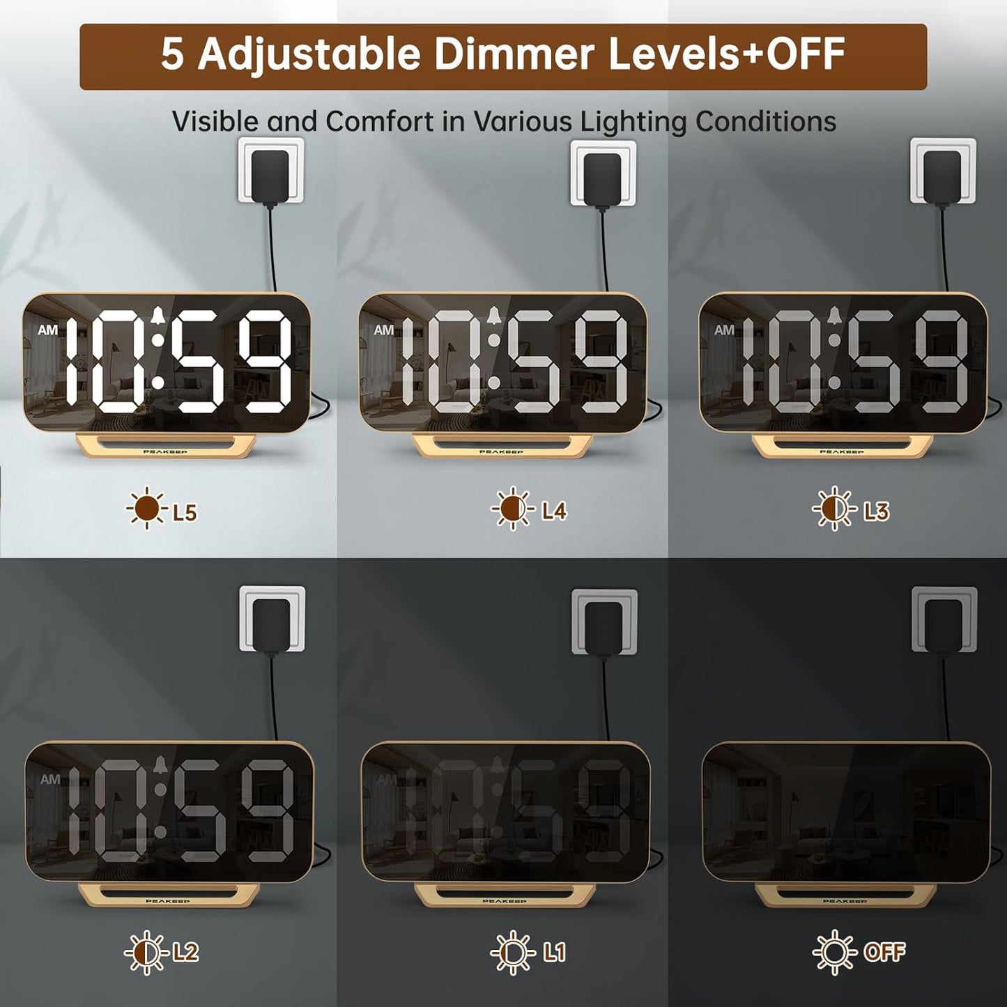 Slim Digital Mirror Alarm Clock, Large LED Display, 6-Level Brightness, Adjustable Alarm Volume, Gold
