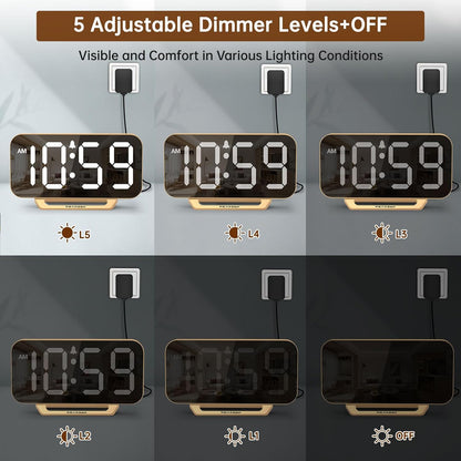 Slim Digital Mirror Alarm Clock, Large LED Display, 6-Level Brightness, Adjustable Alarm Volume, Gold