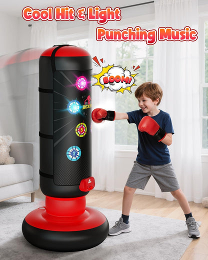 HopeRock Kids Inflatable Punching Bag Set, Boxing Game with Score Counter, LED Lights, Music, 4 Game Modes, Boxing Gloves, 60-Inch Freestanding Punching Bag, Red