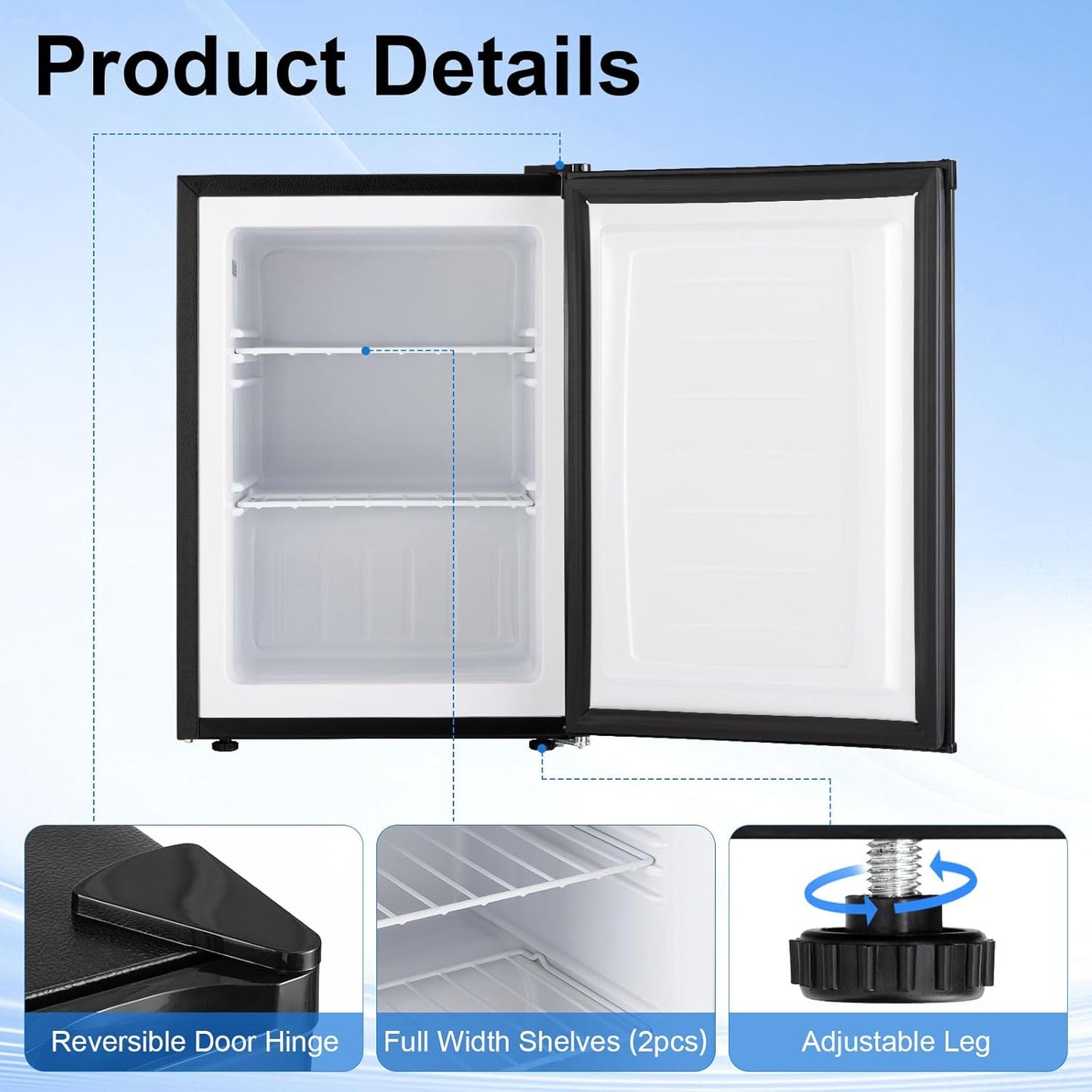 OGHLY 2.1 Cu Ft Upright Freezer, Small Mini Freezer with Removable Shelf Compact Standing Freezer with 7 Adjustable Temperature, Reversible Door, for Bedroom Office Apartment, Black