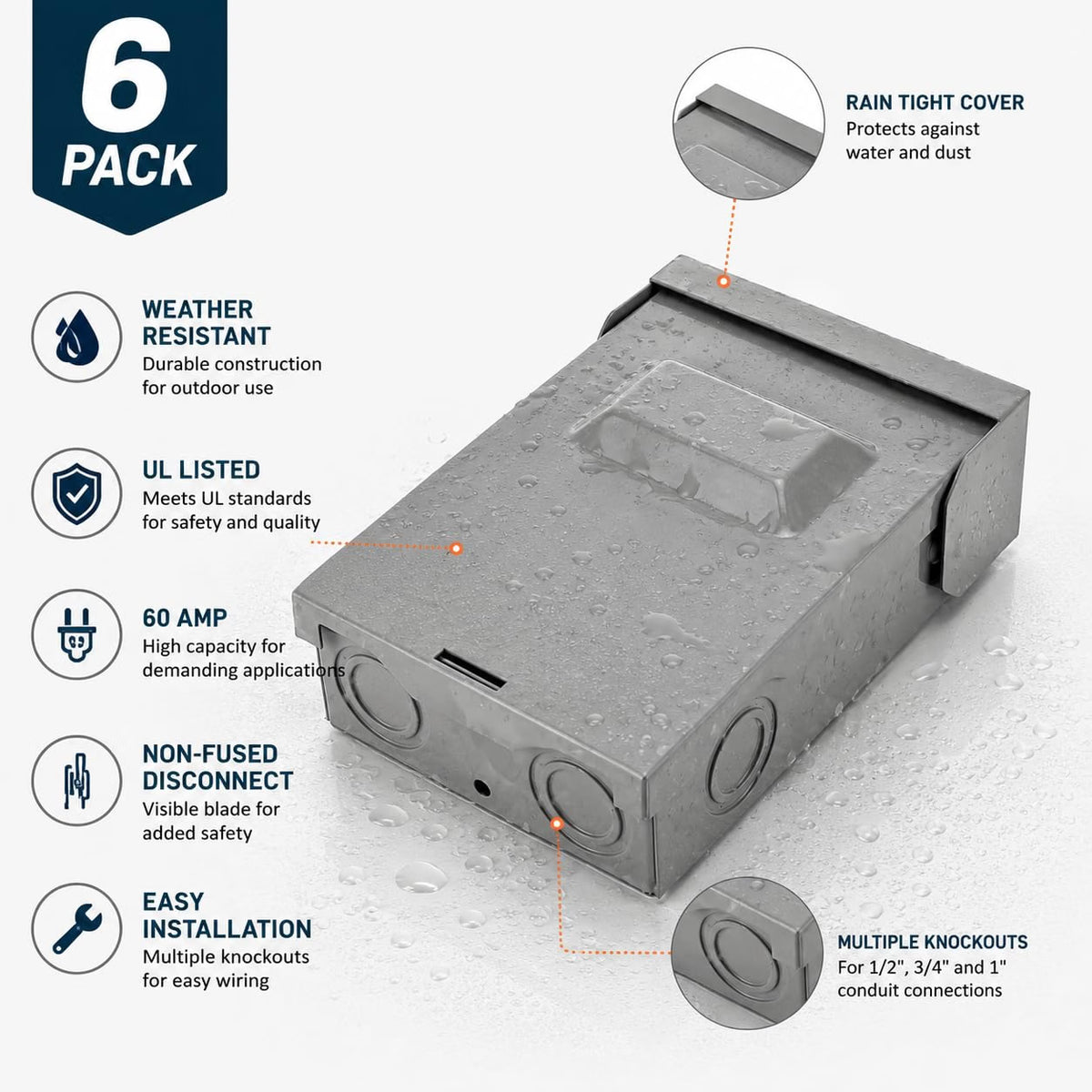 HyperionFlo Essentials 6-Pack 60A Non-Fused AC Disconnect Boxes, Pull-Out HVAC Disconnect Switches for Outdoor Air Conditioner Units