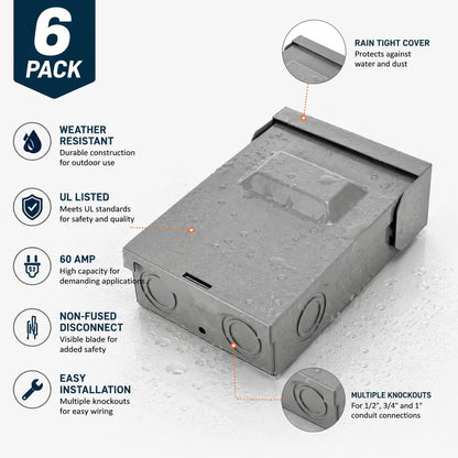 HyperionFlo Essentials 6-Pack 60A Non-Fused AC Disconnect Boxes, Pull-Out HVAC Disconnect Switches for Outdoor Air Conditioner Units