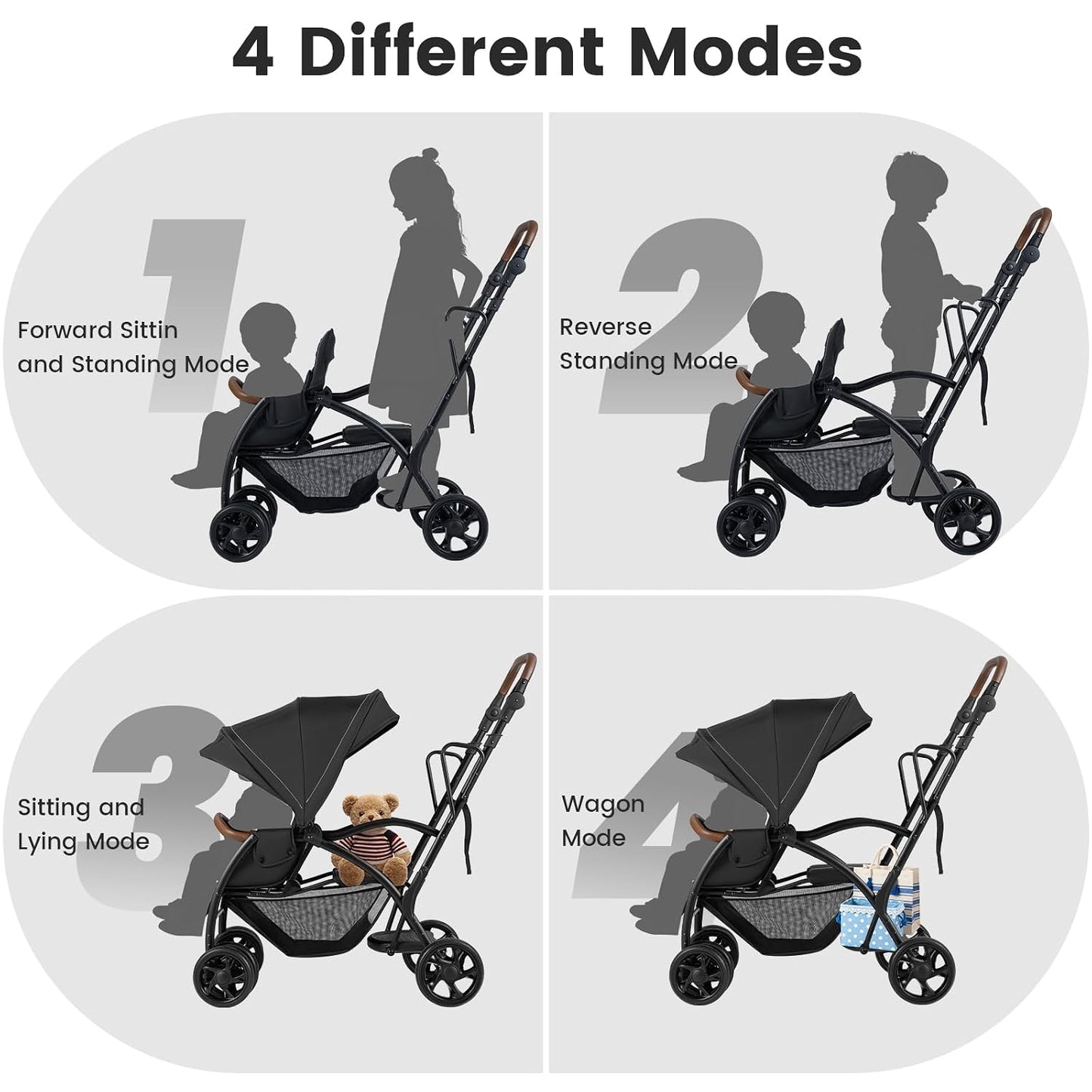 INFANS Sit and Stand Double Stroller, Foldable Tandem with Standing Platform, Black