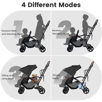 INFANS Sit and Stand Double Stroller, Foldable Tandem with Standing Platform, Black