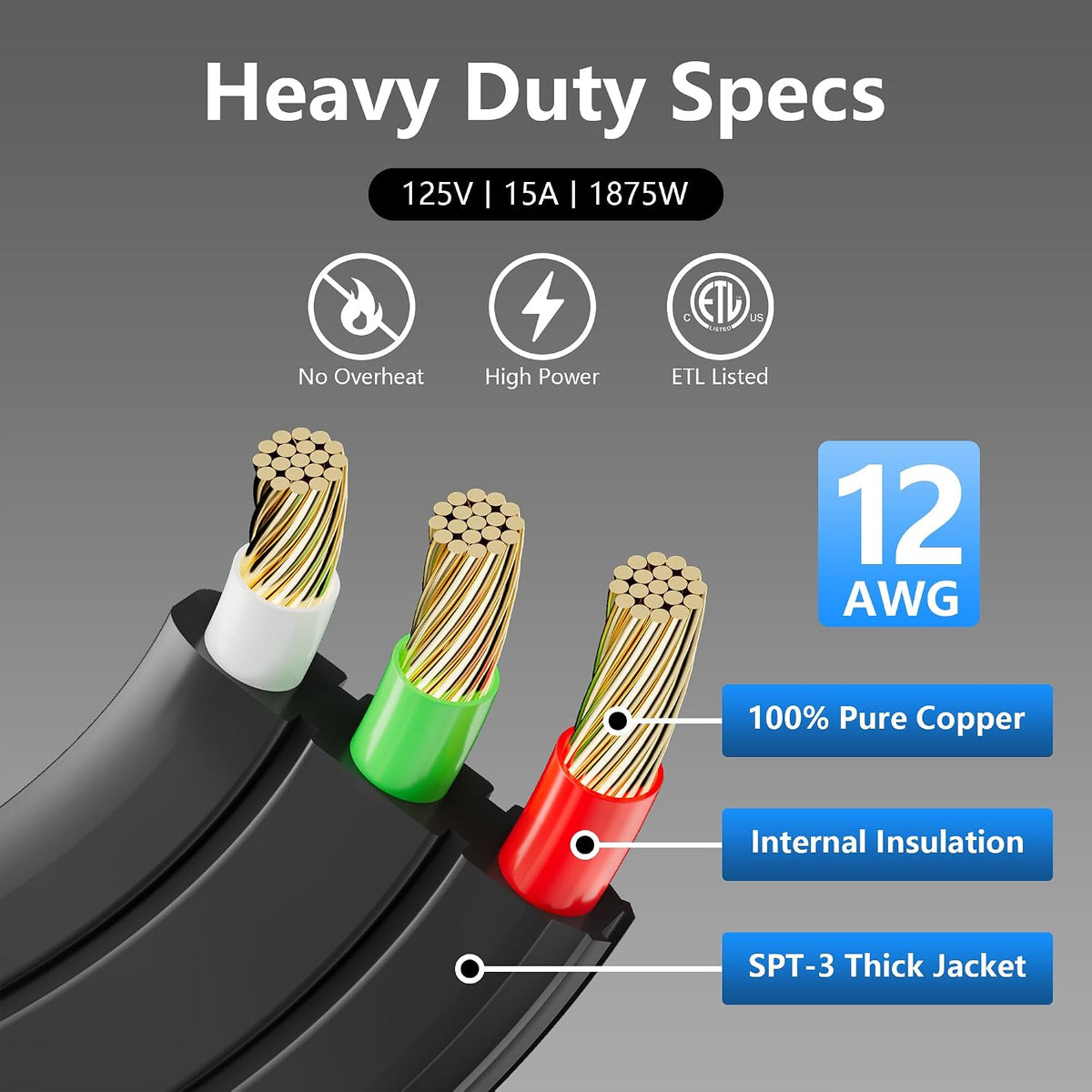 Flat 12 Gauge AWG Appliance Power Extension Cord 50 FT Blue, Heavy Duty 3 Prong Right-Angle Flat Plug Low Profile Cable, SPT-3 15A 125V for AC Fridge Dryer Tool Microwave Oven -ETL+Caution Tape