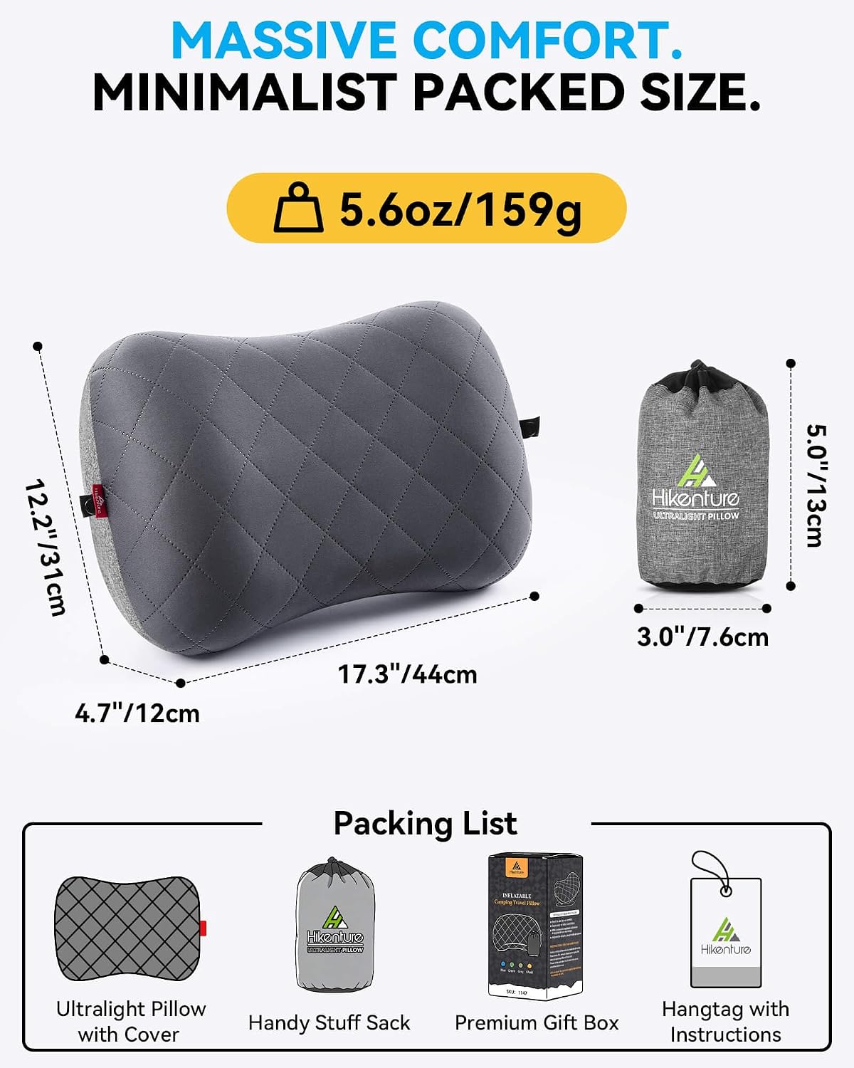 Hikenture Camping Pillow with Removable Cover, Ultralight Inflatable Pillow Ergonomic Neck Lumber Support, Upgrade Leakproof Backpacking Pillow, Portable Packable for Hiking, Beach, Travel
