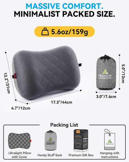Hikenture Camping Pillow with Removable Cover, Ultralight Inflatable Pillow Ergonomic Neck Lumber Support, Upgrade Leakproof Backpacking Pillow, Portable Packable for Hiking, Beach, Travel