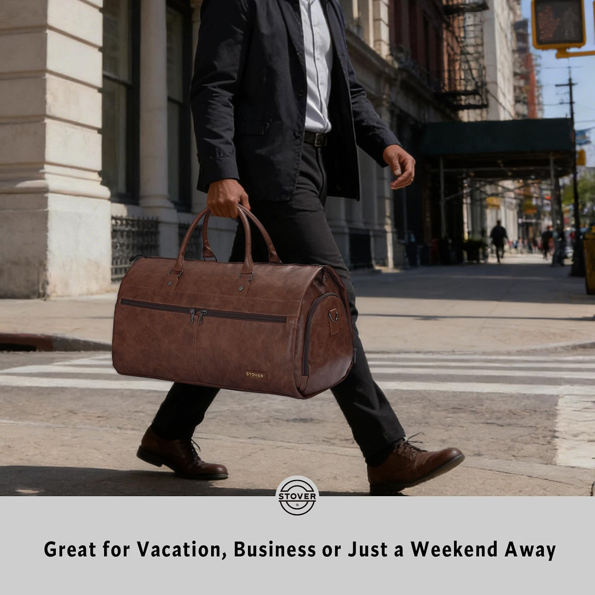 STOVER Garment Travel Duffle Bag, Large 2-in-1 Convertible Carry-On Garment Bag & Duffel with Shoe Compartment, 57L Weekender Travel Bag for Men & Women, Brown Leatherette