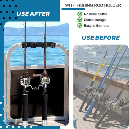 Pontoon Fishing Rod Holder for Square Rail, 4-Rod Vertical Storage Rack, No-Drill Adjustable Clamp-On Holder for Pontoon Boats, Docks & Marine Use, Black