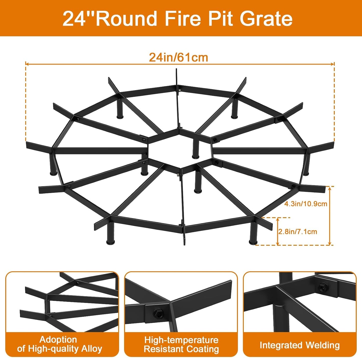 Firepit Grate Round 24 Inch Heavy Duty,Fireplace Log Grate Firewood Rack Metal Log Holder for Outdoor,Fire Pit Grate Campfire,Firewood Grates for Fireplace Rounds Indoor For Chimney Hearth