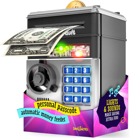 Imagineers KiddieVault Electronic Piggy Bank for Kids, Money Saving Box with Secret Passcode, Automatic Bill Feeder, Lights & Sounds, ATM Safe Toy, Black & Silver