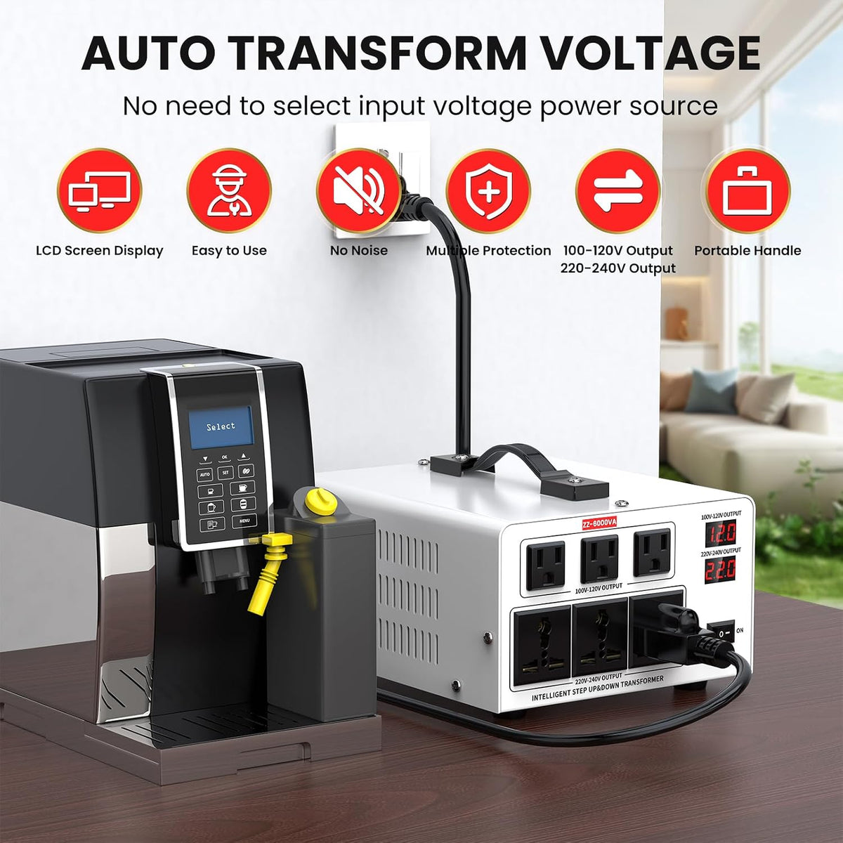 6000VA Step Up/Down Voltage Transformer Converter 110/120V to 220/240V Auto Input Recognition,3 US & 3 Universal Outlets, LCD Display,for Home Appliances,International Travel, Workshop, Power Tool