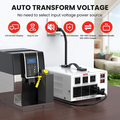 6000VA Step Up/Down Voltage Transformer Converter 110/120V to 220/240V Auto Input Recognition,3 US & 3 Universal Outlets, LCD Display,for Home Appliances,International Travel, Workshop, Power Tool