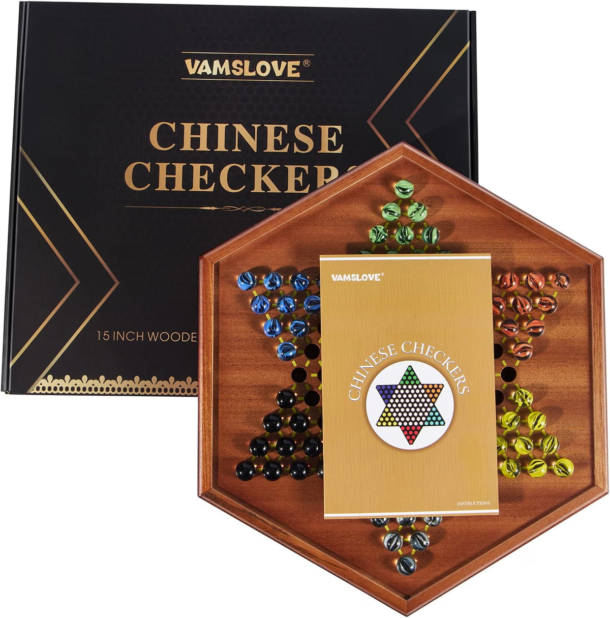 Vamslove Chinese Checkers 15-Inch Large Wooden Game Board, 72 Colorful 16mm Glass Marbles, 1-6 Player Family Board Game with Storage Drawer