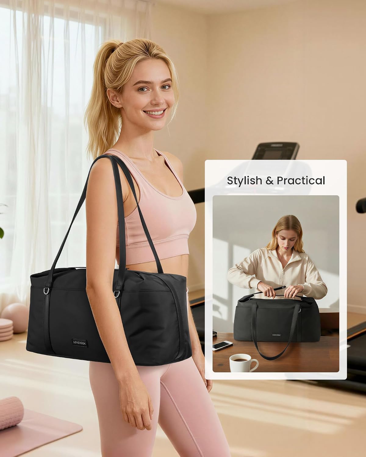 LOVEVOOK Work Tote Bag for Women, 15.6-Inch Laptop Shoulder Bag with Shoe Compartment & Large Cup Holder, Convertible Professional Computer Tote for Office, Gym, Travel & Weekends, Black