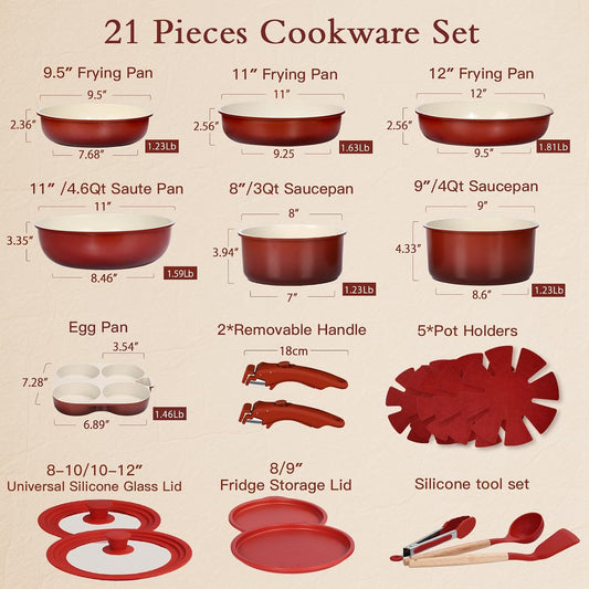 GIPP Pots and Pans Set Non Stick,Kitchen Cookware Set Detachable Handle, Non Toxic Cooking Pan Set with Frying Pans Set,RV Cookware Sets for All Stoves, Red...