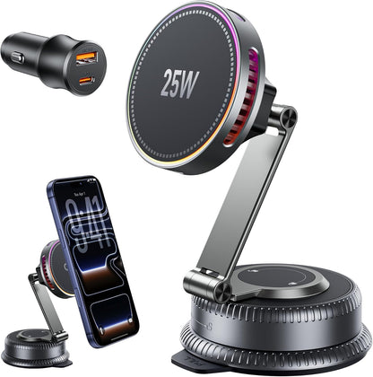 25W for Magsafe Car Mount Charger,Vacuum Wireless Car Charger Long Arm Magnetic Wireless Car Charger with 360° Rotating Phone Holder,Cooling Fan,Compatible with iPhone 18-12 Series