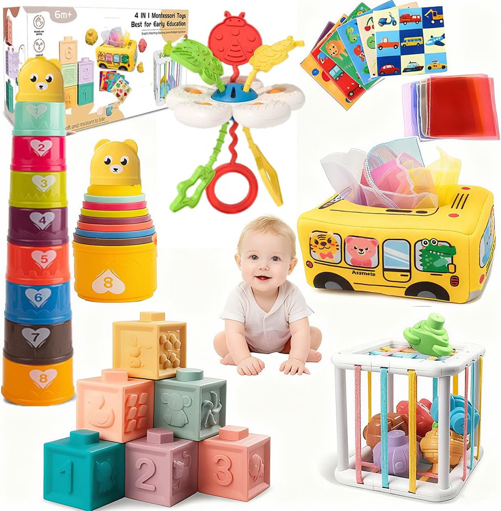 Etyat Montessori Baby Toys Set, 6-12 Months Sensory Toys with Silicone Pull String, Stacking Blocks, Cups, Tissue Box & Shape Sorter, Educational Infant Toddler Gift Set