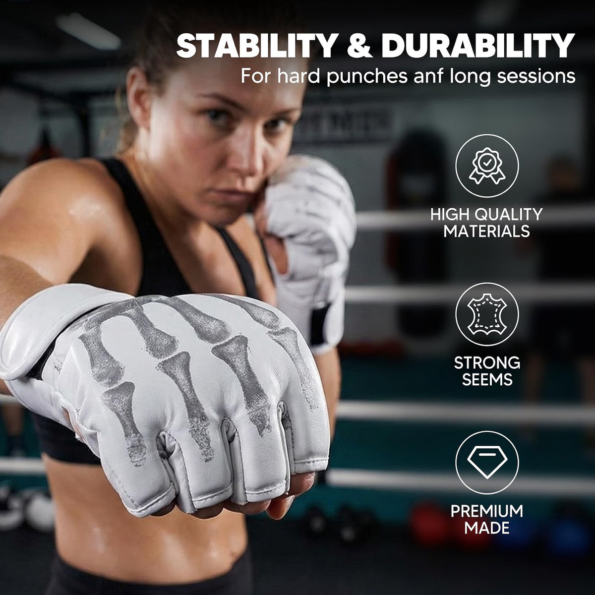 HyperionFlo Essentials 2-Pair MMA Gloves, Open-Finger Sparring & Training Gloves with Adjustable Hook-and-Loop Wrist Straps, Black & White, Large