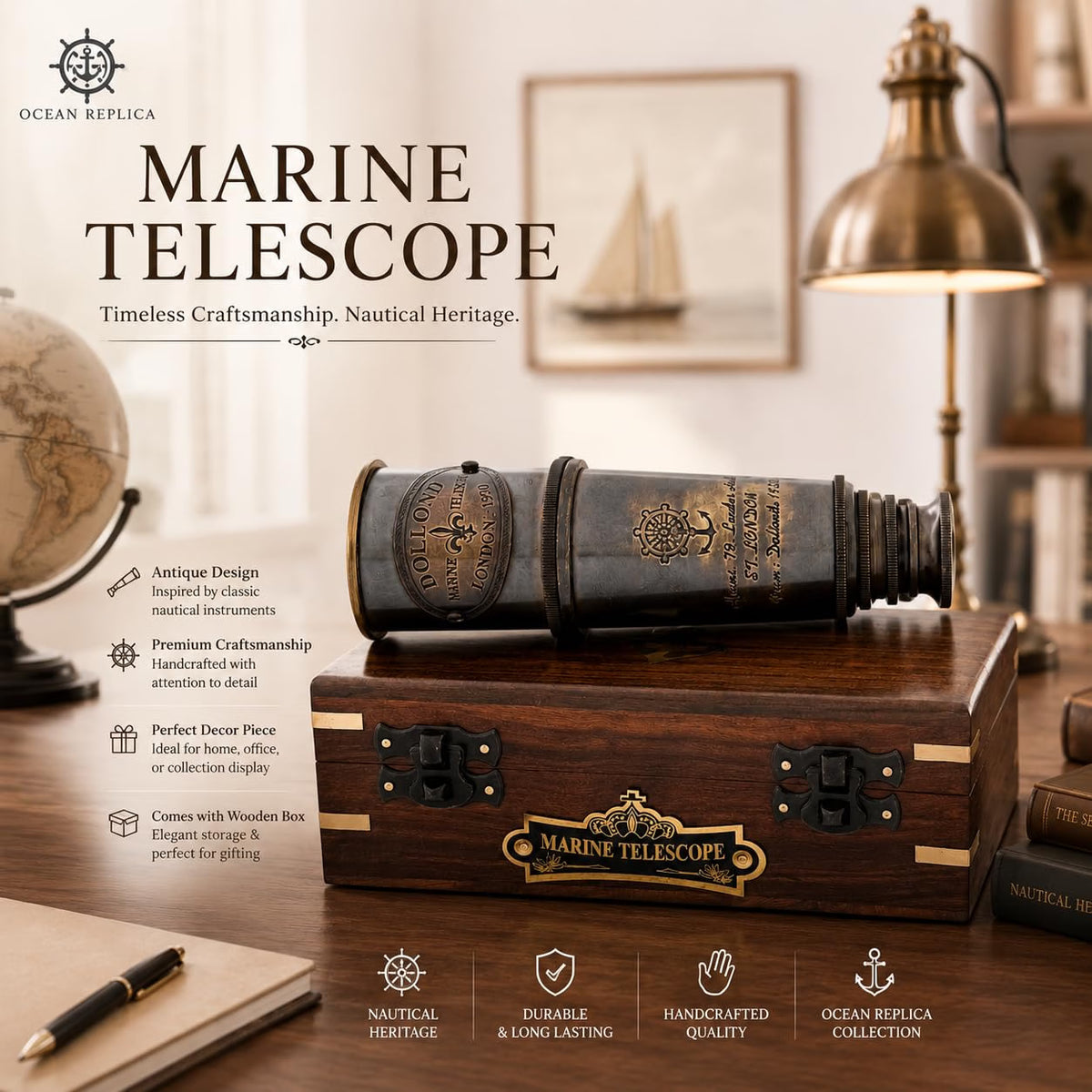 OCEAN REPLICAS 1920 Dollond London Brass Maritime Telescope, 15-Inch Vintage Nautical Spyglass with 25x Magnification, Solid Brass Scope & Wooden Box