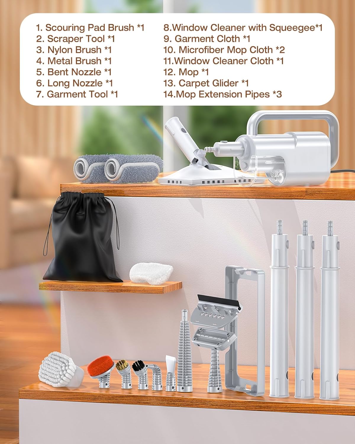 Steam Cleaner, 10-in-1 Detachable Handheld Steam Mop for Multi-Surface 350ml Tank,10s Heat-Up,248°F Steam Cleaner,2-Level Control,Swivel Head for Carpet,Floor,Tiles,BBQ grill,Car Accessories