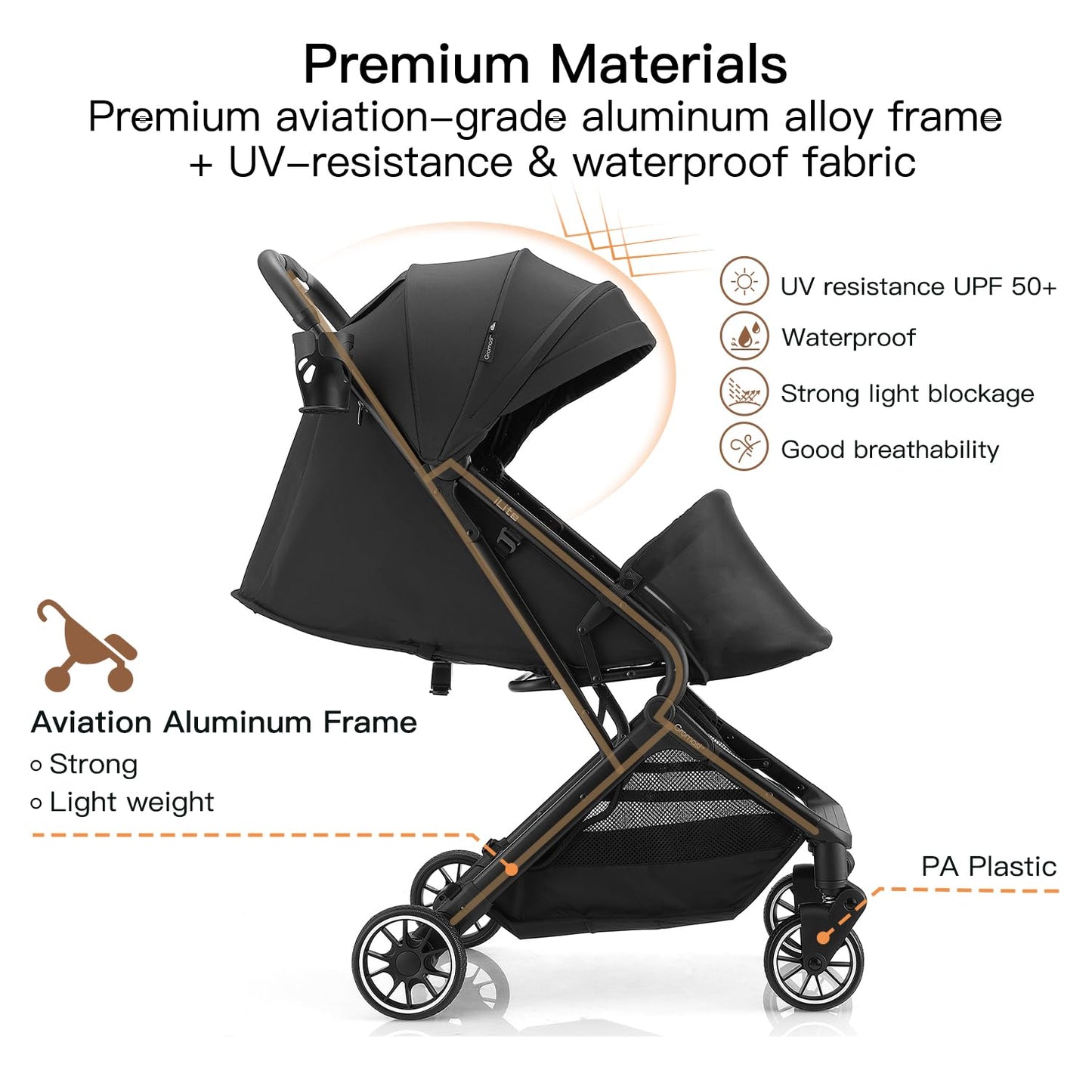 Gromast Compact Fold Baby Stroller, Lightweight Travel Toddler Stroller with One-Click Fold, UPF50+ Canopy, Cup Holder, UV Protected & Waterproof, One-Hand Folding, Black