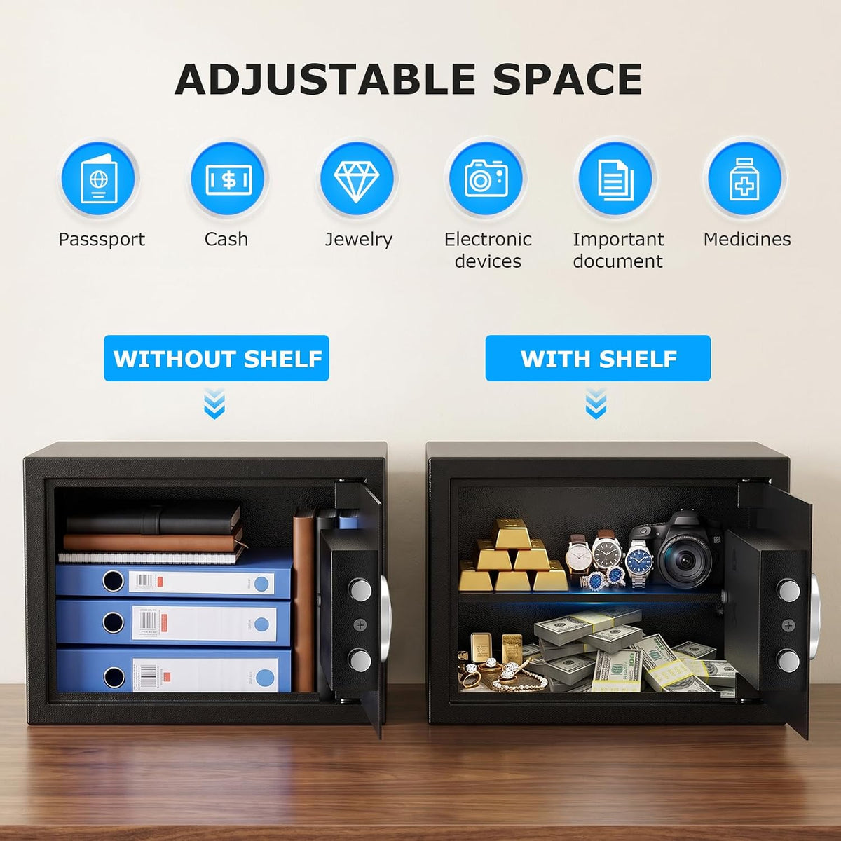 bonsaii SF002-N 0.6 Cu. Ft. Electronic Safe Box | Digital Keypad, Removable Shelf, Type-C Backup Power & Wall Mount