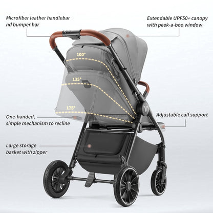 Tinyiota Baby Stroller with UPF 50+ Canopy, One-Hand Fold, Leather Handle, Reclining Seat, Grey