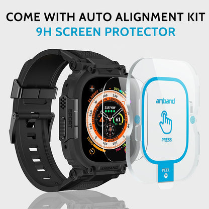 amBand M1 Sport Rugged Apple Watch Ultra Band & Case 49mm, 9H Tempered Glass Screen Protector, TPU Protective Bumper Strap for Men, Black
