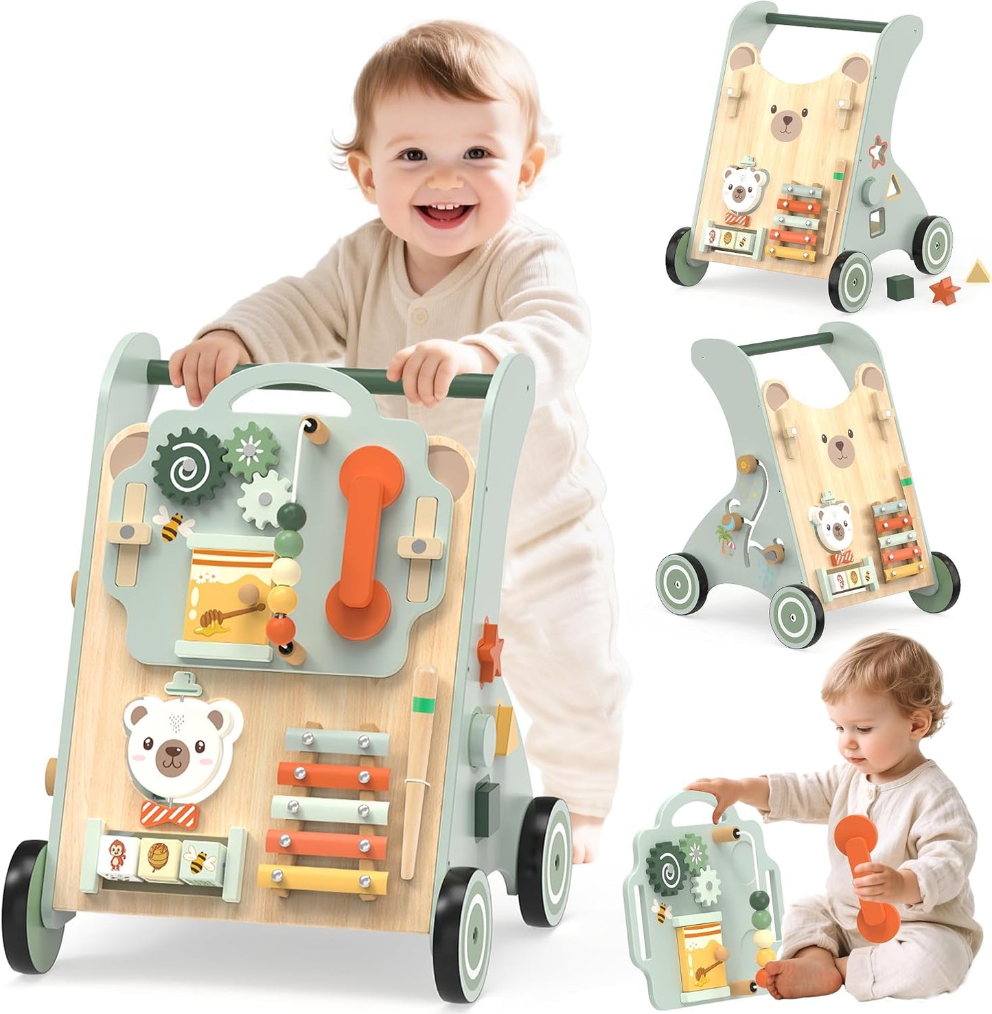 WOODMAM Push Baby Walker, Wooden Sit-to-Stand Learning Toy for 12M+ 10-in-1 Montessori Activity Center, Early Educational Push Toy, Detachable Busy Board, Adjustable Speed, Adorable Bear Design
