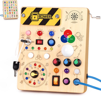 Grarain Montessori Busy Board for Toddlers Ages 1-3, Interactive Wooden Sensory Activity Board with 23 LED Lights, Clock & Alphabet Learning Toy, Travel-Friendly Educational Toy