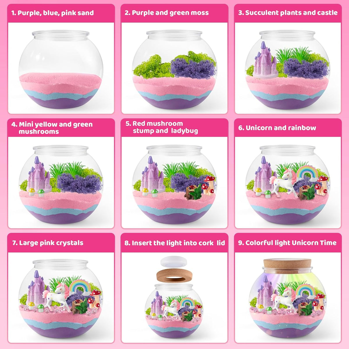 JOYEEMAX Unicorn Light-Up Terrarium Kit for Kids, DIY Unicorn Fairy Garden with 13-Color LED Night Light & Remote Control, Arts and Crafts Gift for Girls Ages 4-12