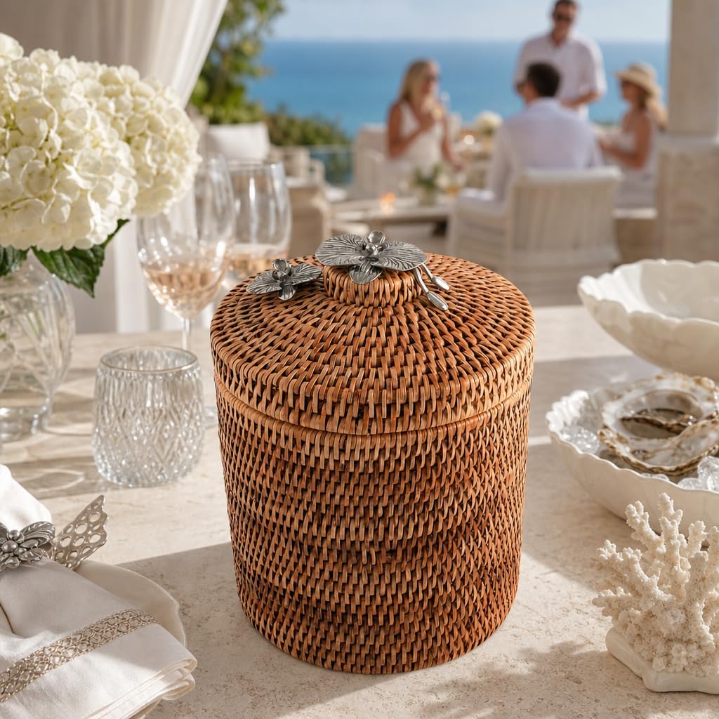 Vagabond House Wicker Ice Bucket with Pewter Orchid Knob, Stainless Steel Lined Rattan Champagne Holder, 8-Inch