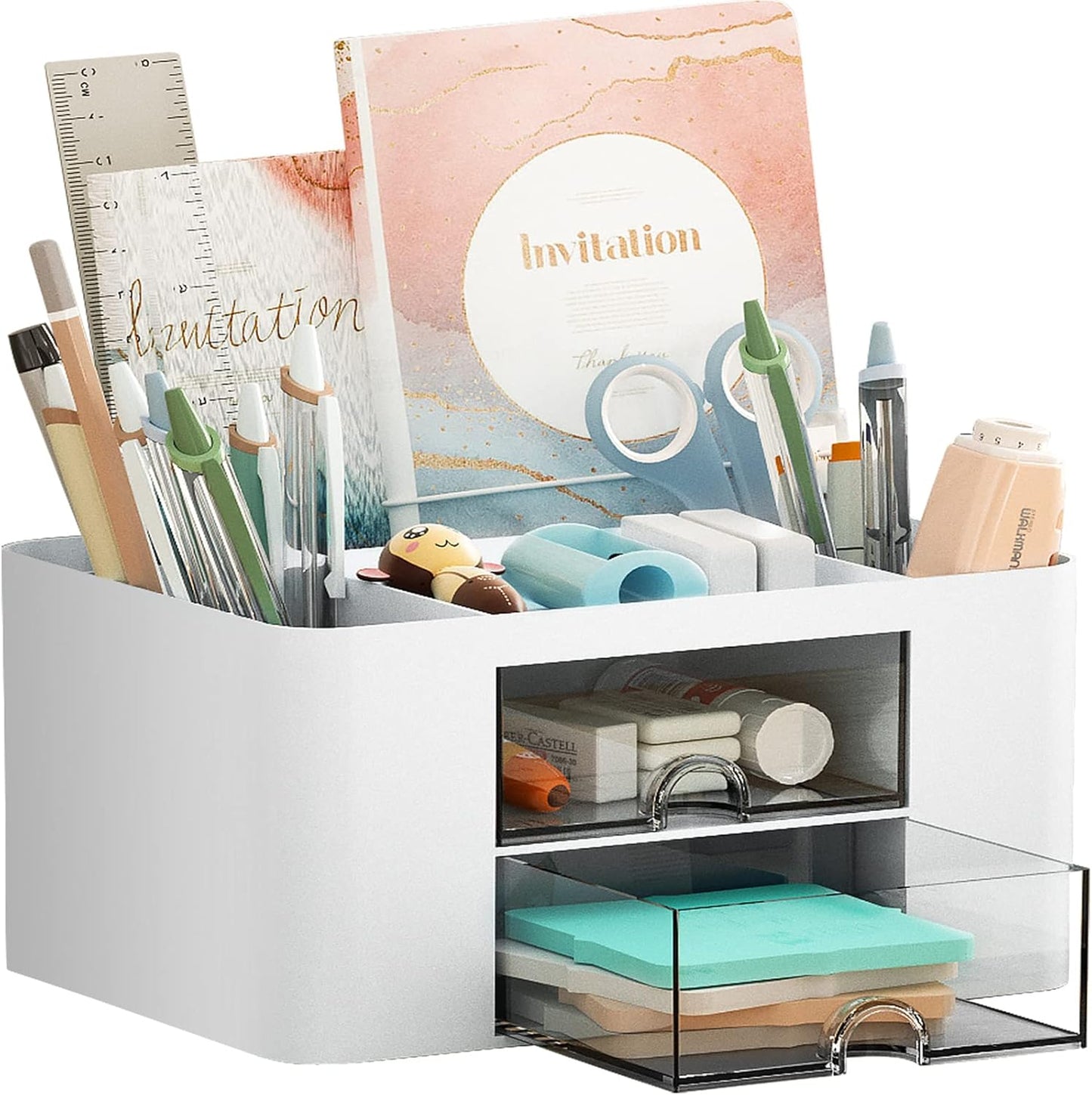Marbrasse Pen Organizer with 2 Drawers, Multi-Functional Desk Pencil Holder with 5 Compartments and Drawers for Office, School and Art Supplies