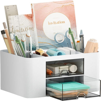 Marbrasse Pen Organizer with 2 Drawers, Multi-Functional Desk Pencil Holder with 5 Compartments and Drawers for Office, School and Art Supplies
