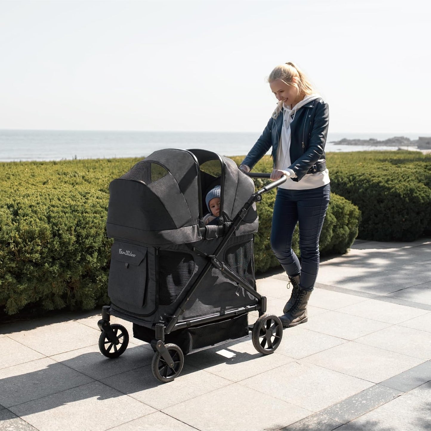 Familidoo Q2 Multi-Use 2 Seat Kids Wagon Stroller, Foldable Lightweight All-Terrain Stroller Wagon for Kids & Pets, Magnetic Safety Harness, Rain Cover, Charcoal Gray
