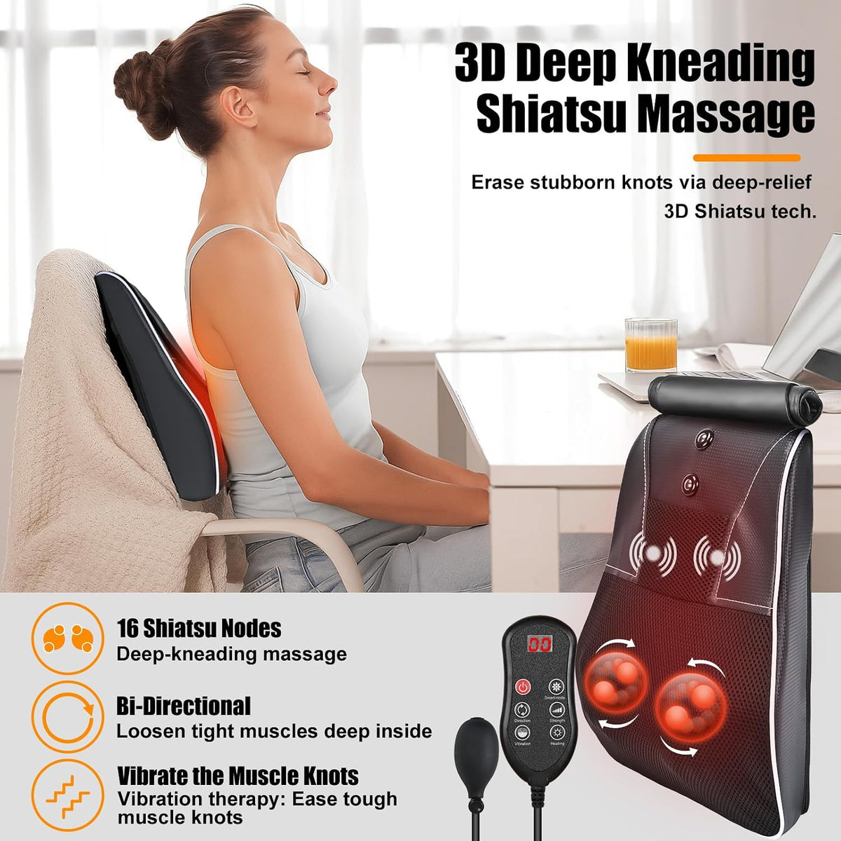 Hlthsky Shiatsu Neck and Back Massager with Heat, 3D Kneading Massage Pillow with Vibration for Back, Neck, Shoulders, Legs, Black