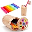 SMALL FISH 3-in-1 Montessori Wooden Toddler Toy, Fine Motor Skills & Color Sorting Learning Toy with Sticks, Popsicle Sticks & Discs, Ages 1–3