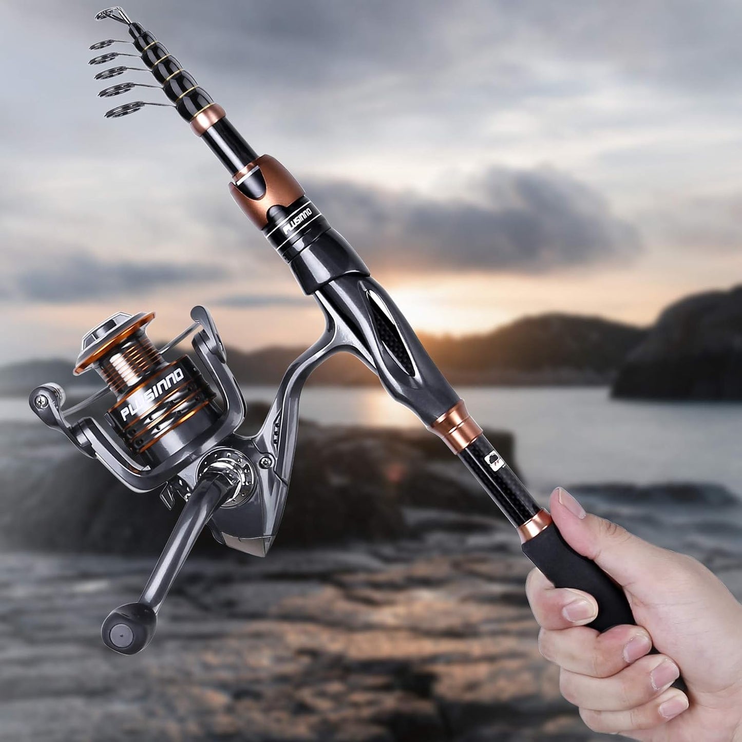 PLUSINNO Bronze Warrior Fishing Rod and Reel Combo, 5.91FT IM6 Carbon Fiber Telescopic Fishing Rod with 12+1 Bearing Spinning Reel, Travel Freshwater Fishing Gear