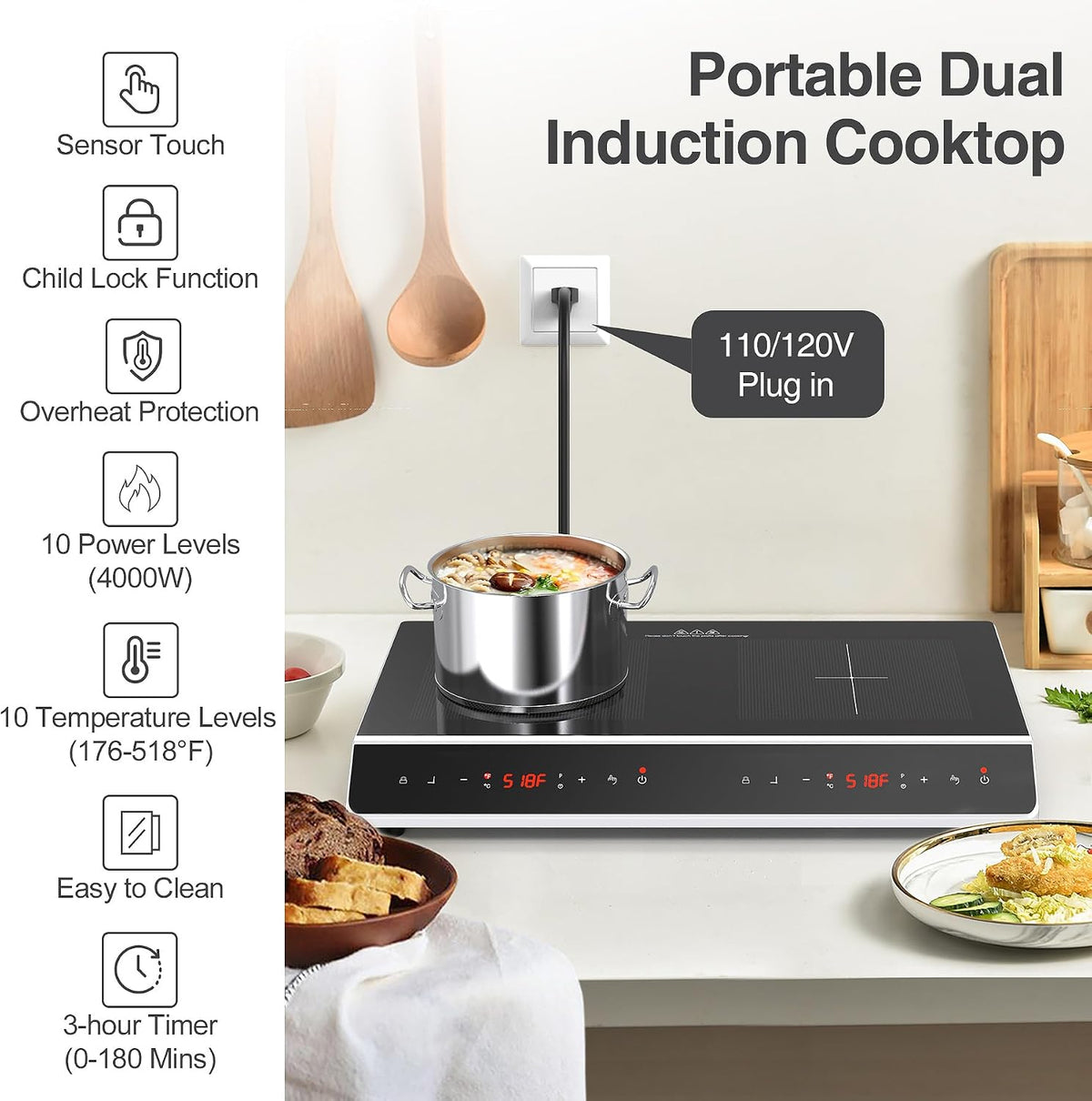 GIHETKUT Double Induction Cooktop, 4000W 2 burner Induction cooktop with LED Touch Screen 9 Levels Settings with Child Safety Lock & Timer 110V Electric burner with hot plate