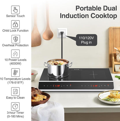 GIHETKUT Double Induction Cooktop, 4000W 2 burner Induction cooktop with LED Touch Screen 9 Levels Settings with Child Safety Lock & Timer 110V Electric burner with hot plate