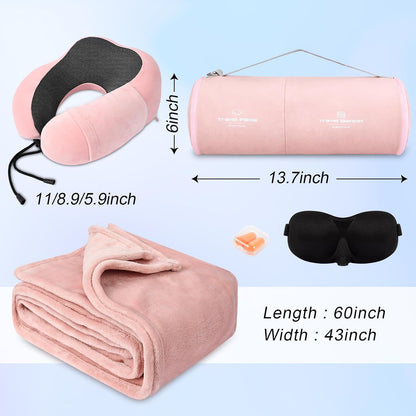 urnexttour Travel Pillow and Blanket Set Neck Pillow Airplane Foam Pink 43x60 Inch Plane Blanket, Traveling Compact Storage Bag, Eye Mask, and Earplugs for Ultimate Flight Comfort, Women and Men