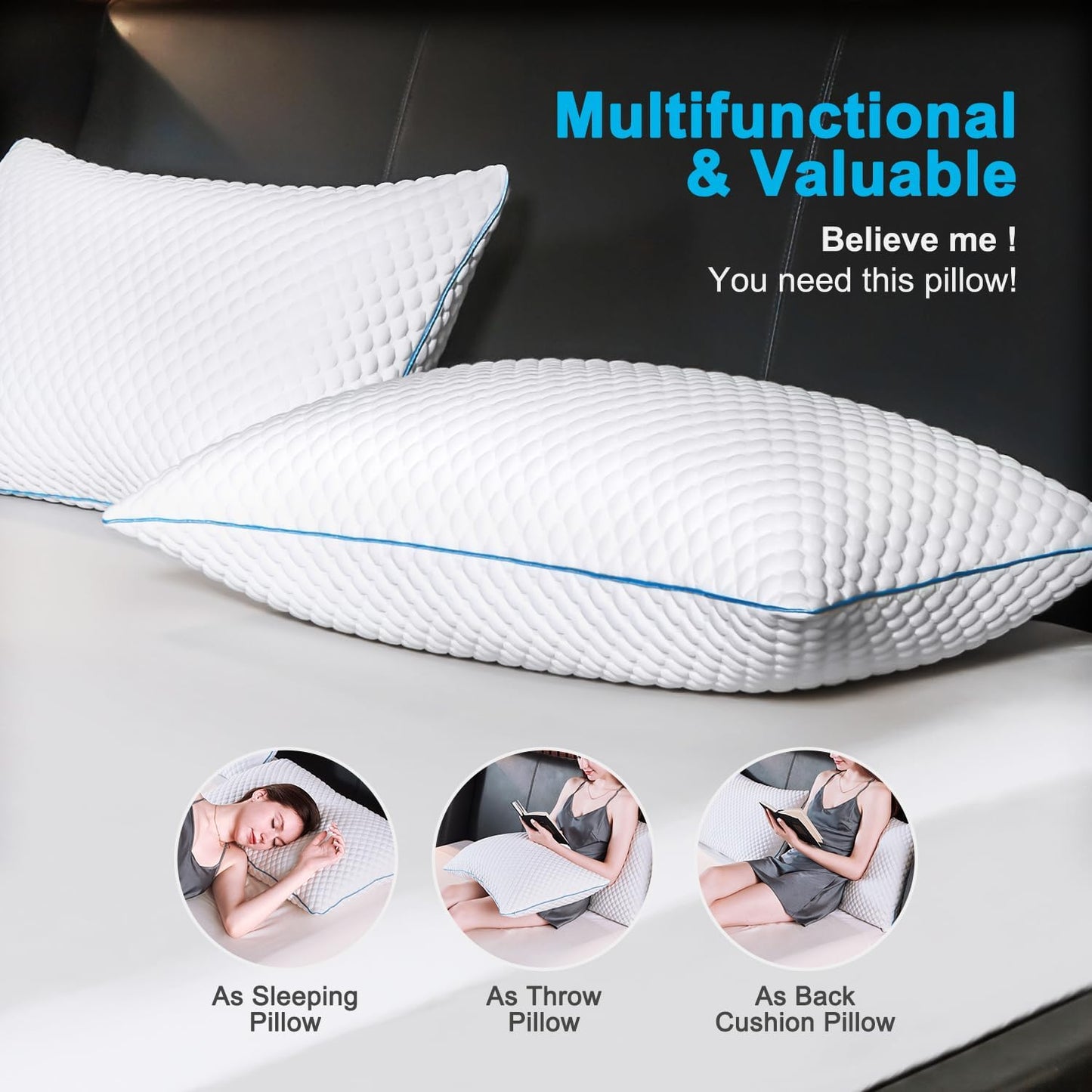 Cooling Shredded Memory Foam Bed Pillows, Queen Size, Set of 4, 20 x 30 in Adjustable Firm, Supportive, Breathable, Hypoallergenic, Odorless, Luxury, Cool Gel pillows for Side Back Stomach Sleepers