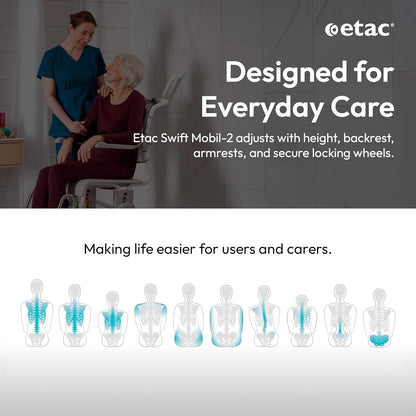 Etac Swift Mobile-2 Rolling Shower Commode Chair for Elderly, 353 lb, White Bedside Commode with Adjustable Height, Armrests and Backrest, Wheeled Shower Chair, Disabled Bathing
