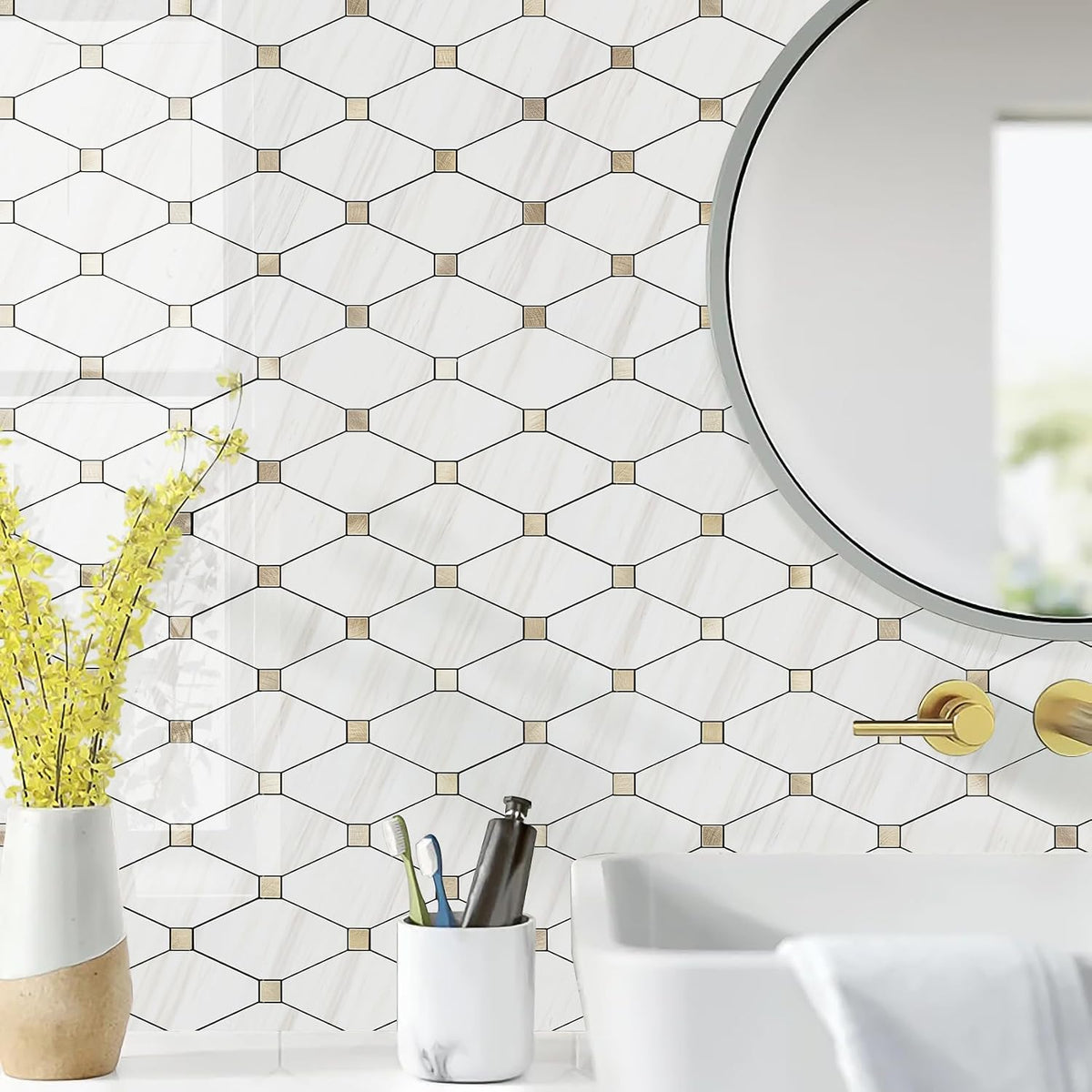 STICKGOO 10 Sheets Peel and Stick Backsplash, Polished Dolomite PVC Mixed Metal Gold Kitchen Backsplash, Waterproof, Stick on Wall Tiles for Kitchen, Bathroom, Vanities, RV